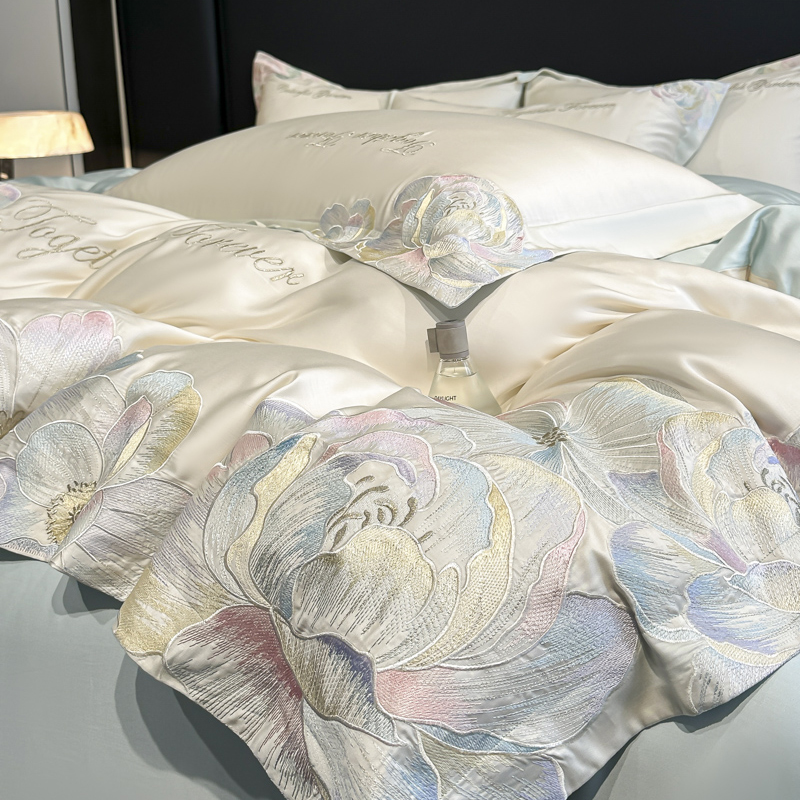 富安娜系列家纺四件套纯棉全棉高档适合裸睡刺绣被套床单床笠用品