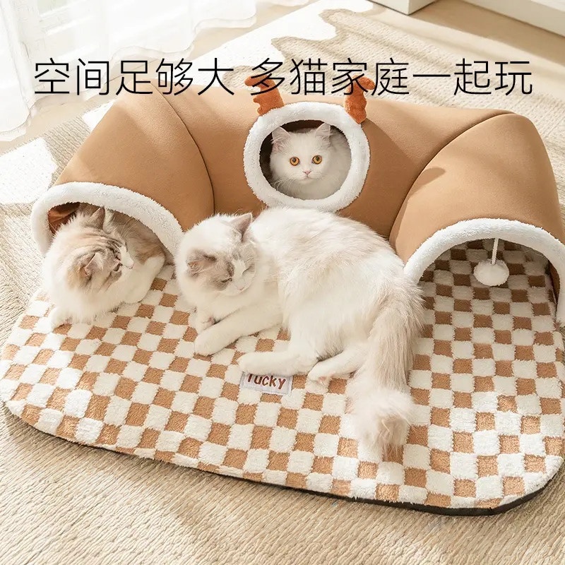 秋冬猫咪趣味玩睡一体隧道猫窝毛毛钻地龙玩具保暖加厚宠物窝用品