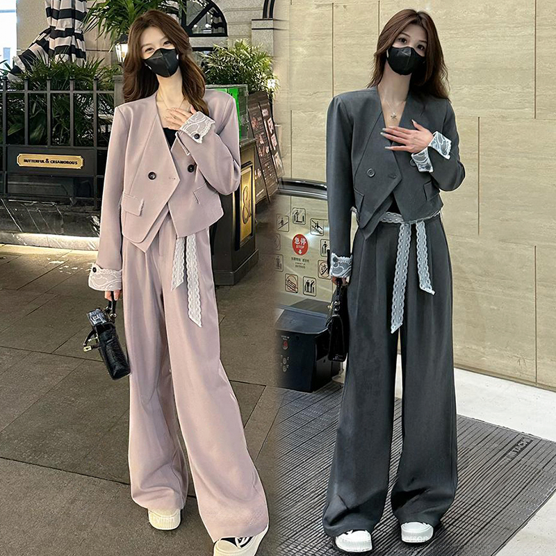 拉夏贝尔时尚套装女2025秋新款时髦洋气休闲外套阔腿裤气质两件套