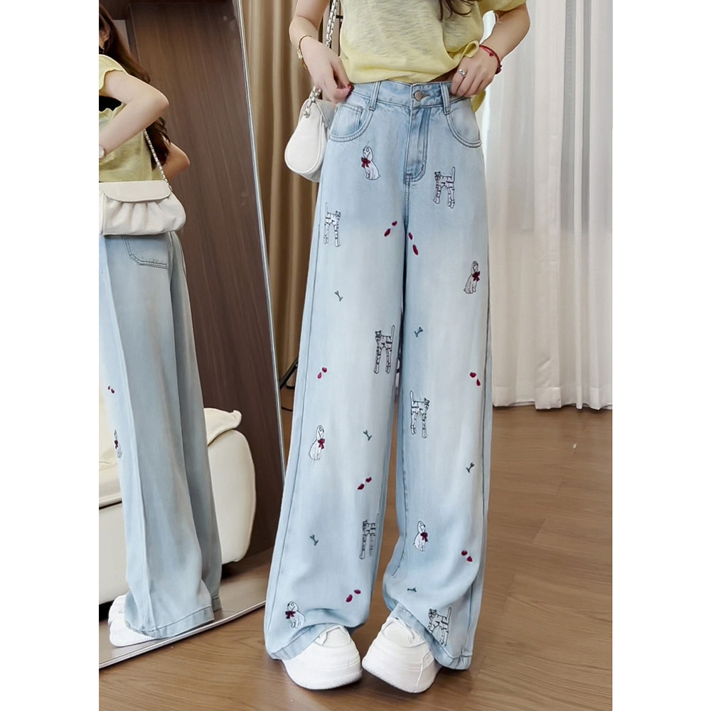 143小狗绣花阔腿牛仔裤女2025夏季天丝薄款小众设计感百搭拖地裤