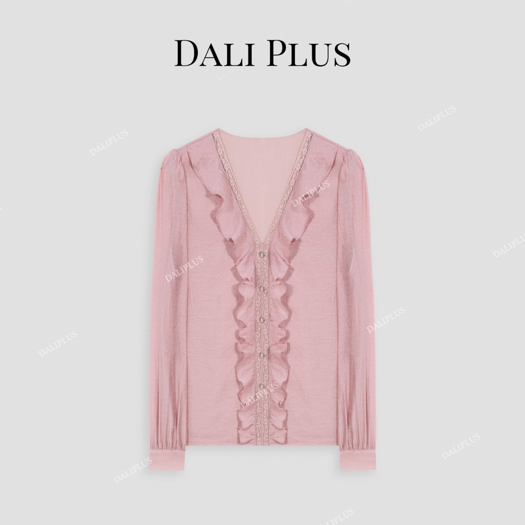 DALI PLUS原创设计 醋酸天丝蕾丝贴边V领荷叶边衬衫-D5ST1077
