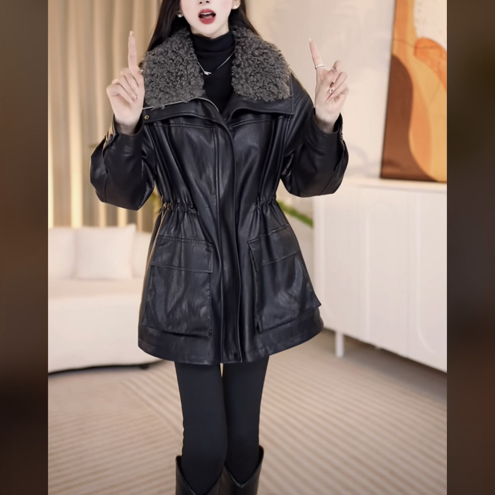 【皮衣】2025长袖冬季修身型翻领毛领中长款时尚宽松型皮衣25C818