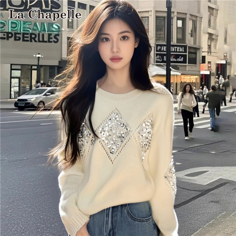 拉夏贝尔慵懒风亮片镂空宽松套头毛衣女2026早春高级感打底针织衫