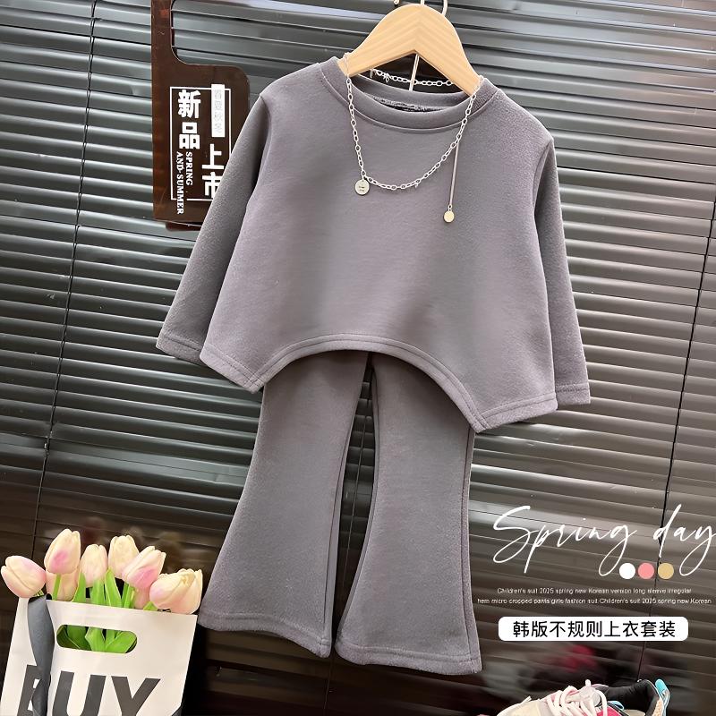 女童春装卫衣套装2025春季新款韩版不规则下摆上衣微喇裤两件套潮