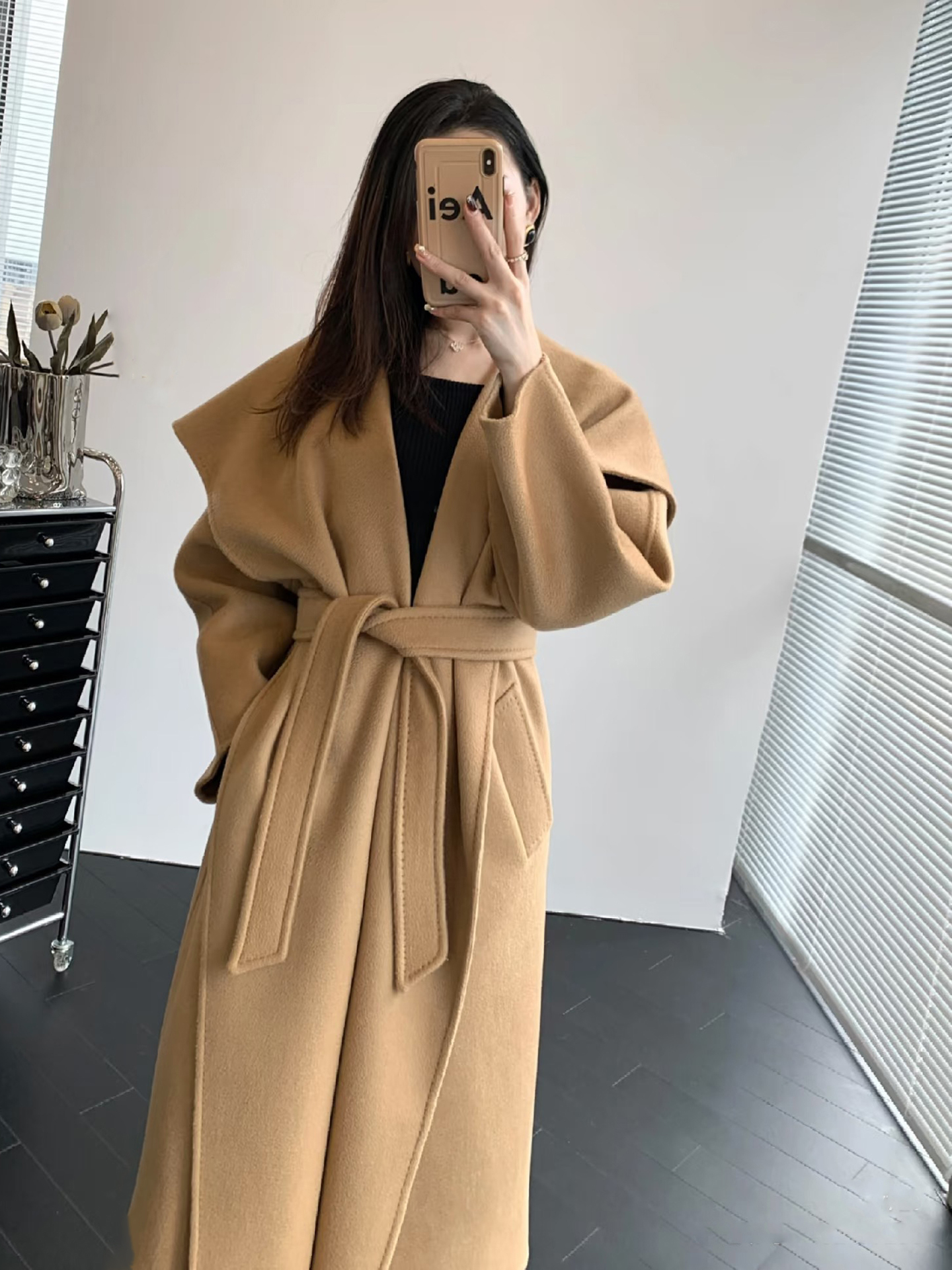 卡其色翻领双面呢子大衣女中长款秋冬季小个子洋气海军领毛呢外套