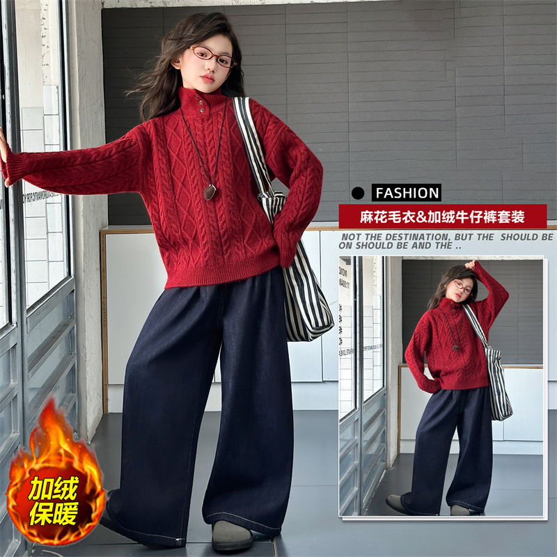 女童秋冬高领毛衣2025新款女大童冬装红色针织衫上衣百搭洋气打底
