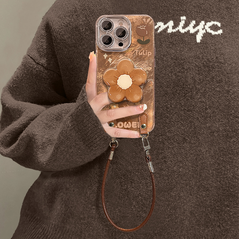 棕色花支架适用苹果15华为vivo/oppo小米iPhone精孔冰川纹手机壳