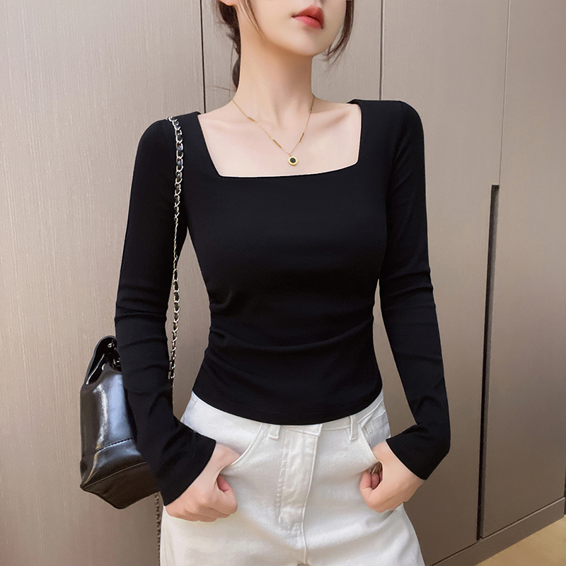 黑色方领长袖T恤女2026内搭秋季新款褶皱收腰修身洋气打底衫上衣