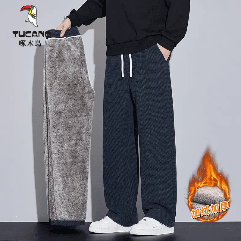 啄木鸟秋冬新款斜纹针织休闲裤垂感裤加绒加厚品质男裤