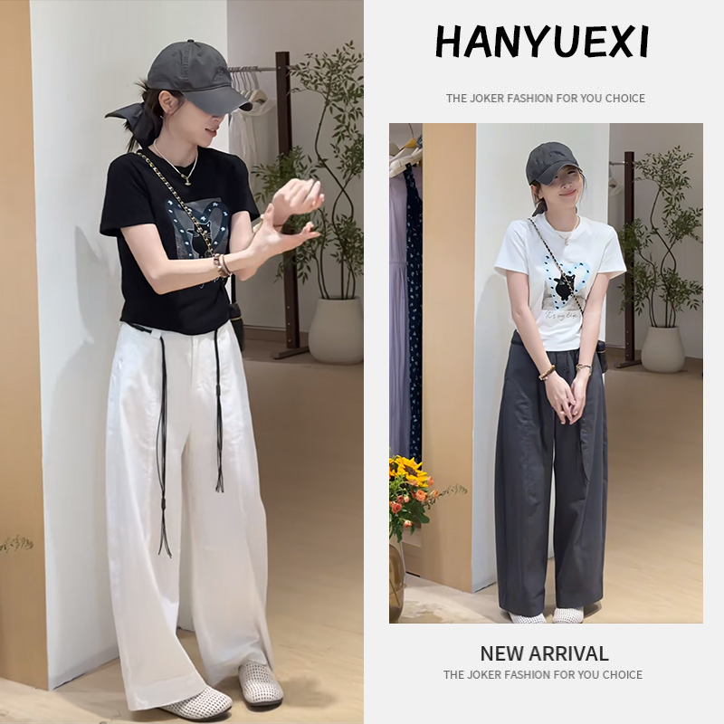 【现货】夏季时尚一整套女装2025新款短款印花短袖T恤休闲裤两件套