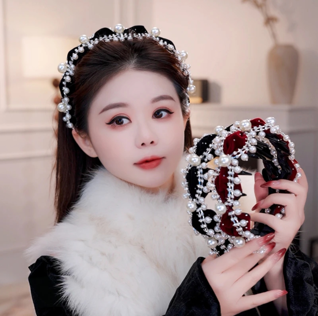 秋冬新款赫本巴洛克发箍发饰冬季珠珠高级丝绒头箍网红小香风头饰