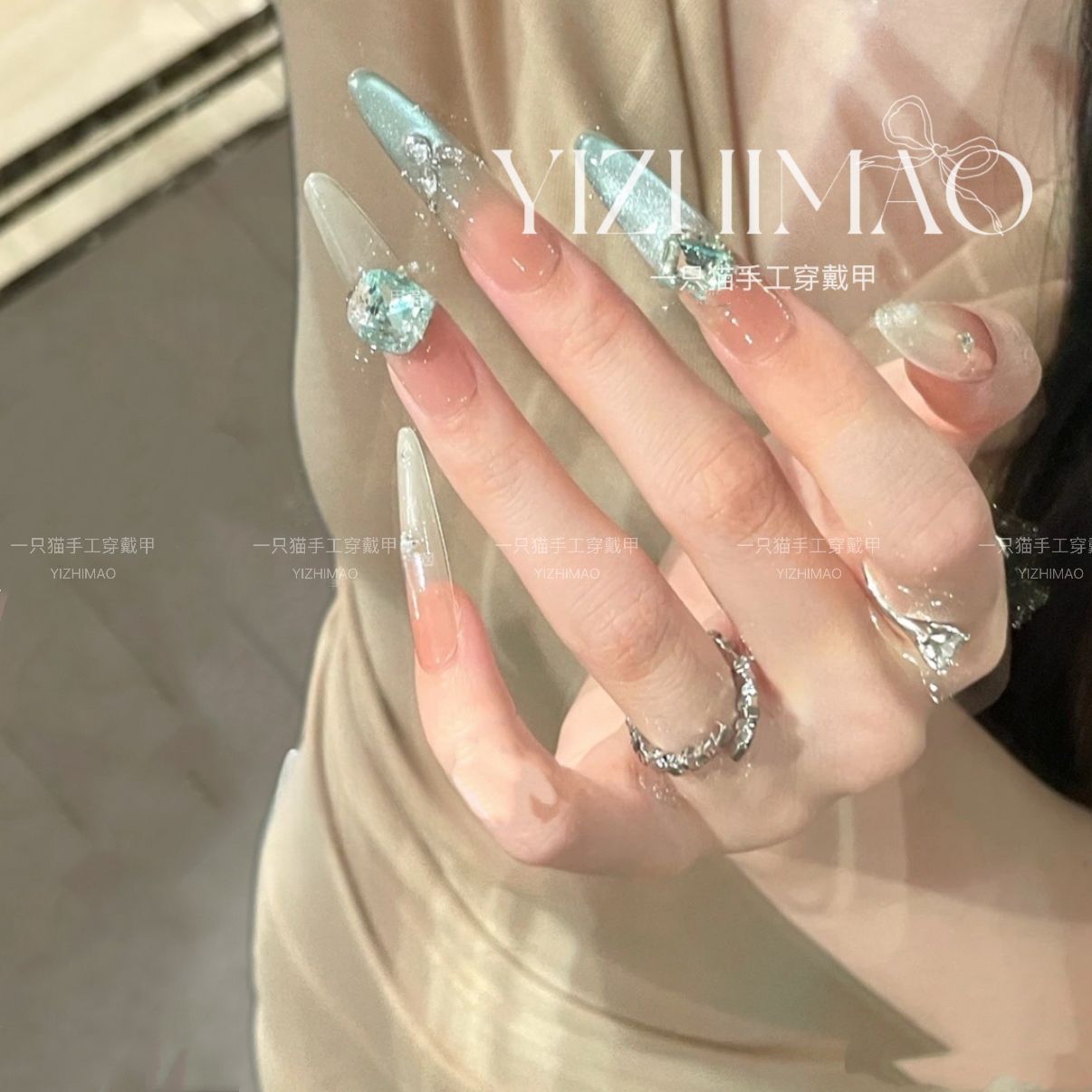 【海蓝芭比】夏日爆闪薄荷绿猫眼人鱼高光粉手工穿戴甲美甲贴片