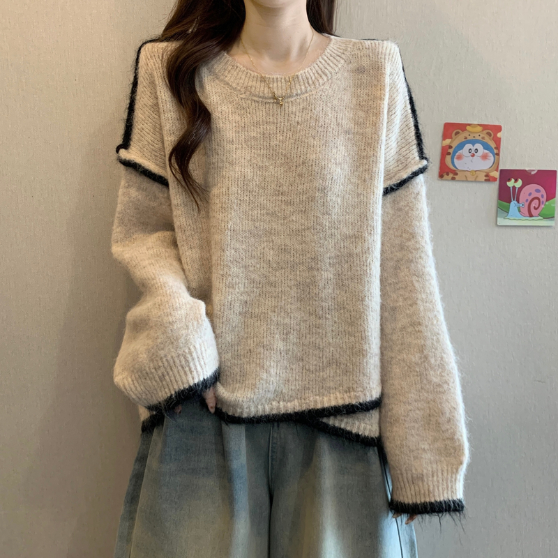 宽松慵懒风撞色灰色长袖毛衣大码女装秋冬2025新款遮肉针织衫上衣