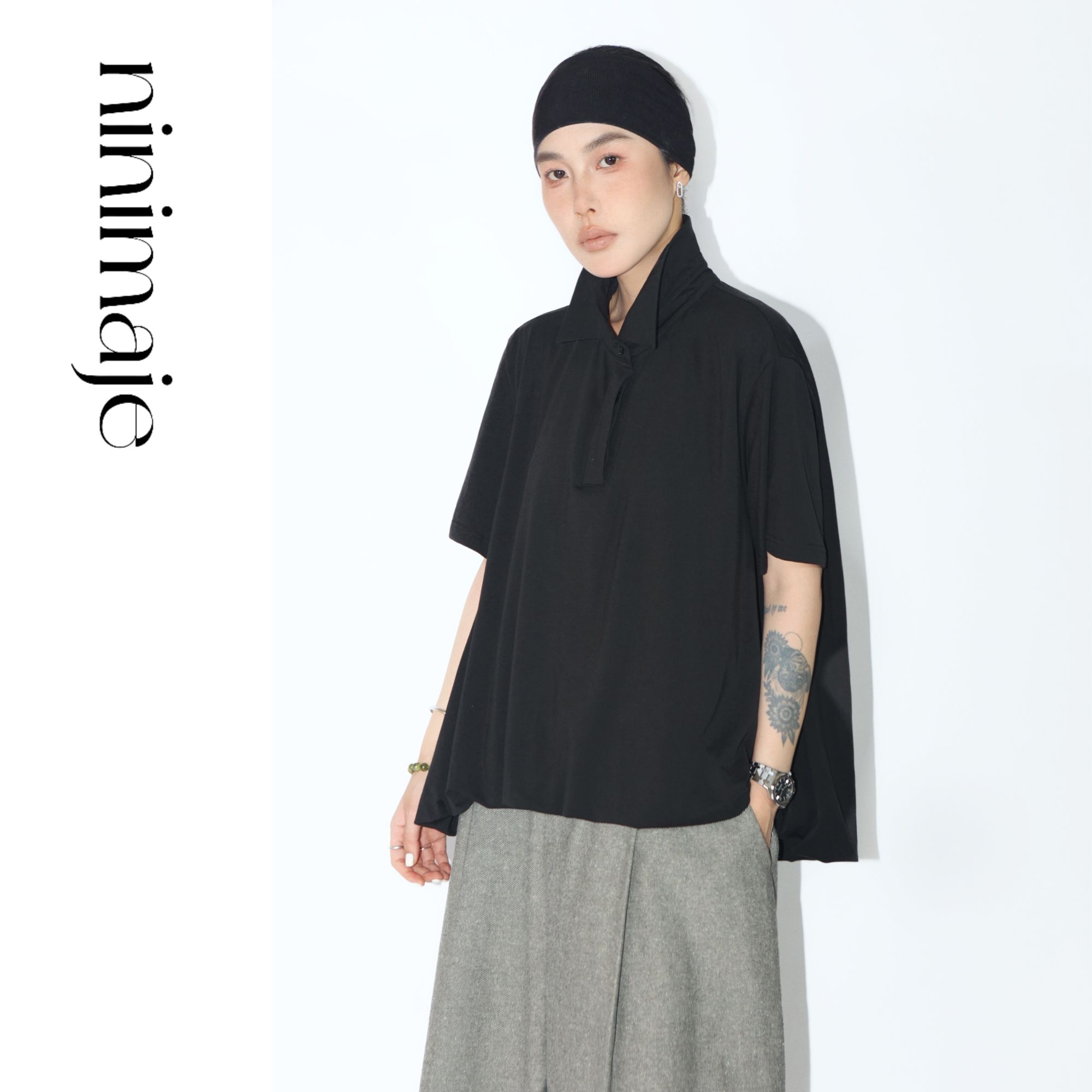 NanBeiBei  极简设计款Polo领不规则下摆短袖娃娃polo衫 5639