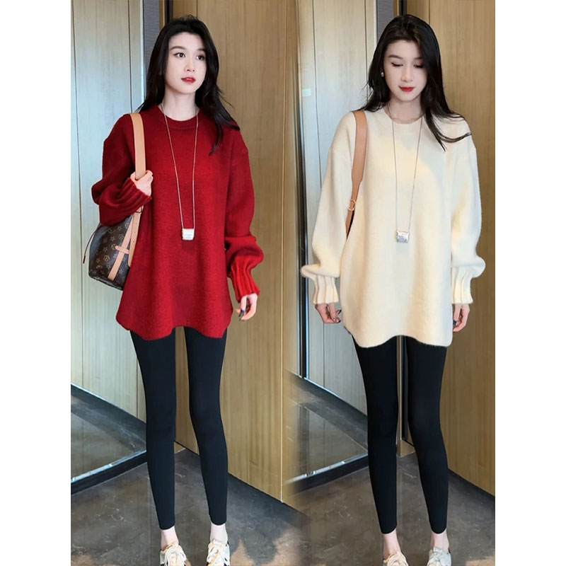 慵懒风红色中长款长袖针织毛衣女款2025新款春季宽松洋气内搭上衣