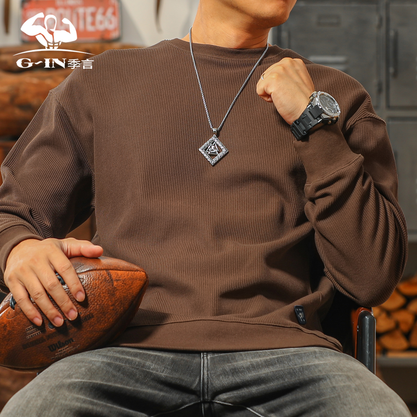 季言360G重磅男士高端品牌卫衣春秋季纯色圆领长袖美式上衣套头衫