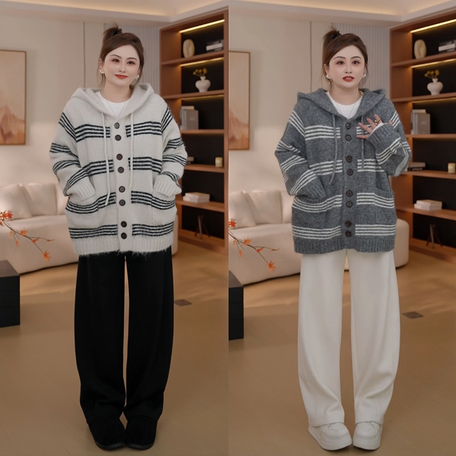 【胖佳佳】现货~松弛漫游 厚款毛衣外套条纹撞色连帽上衣H625Z18009