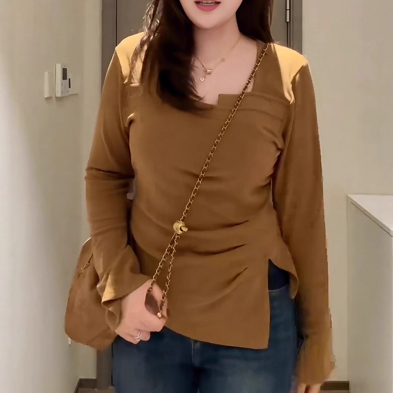 开叉显瘦不规则上衣秋冬新款胖MM大码女装设计感休闲方领长袖T恤