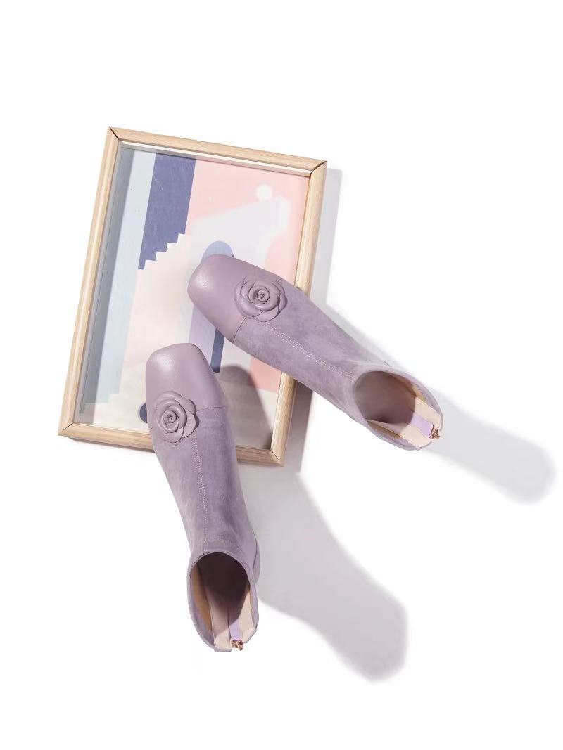 2025新款秋冬小香风山茶花浅紫色方头小粗跟短靴女真皮弹力瘦瘦靴