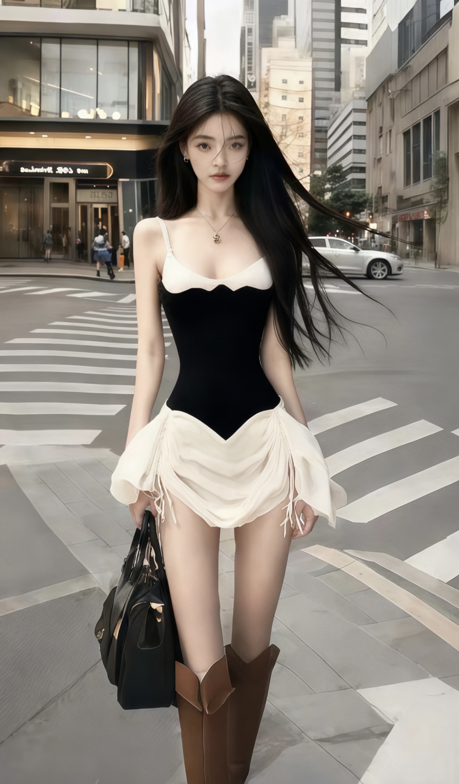 新款辣妹风黑色U领吊带收腰连衣裙女别致设计感小众高级感穿搭