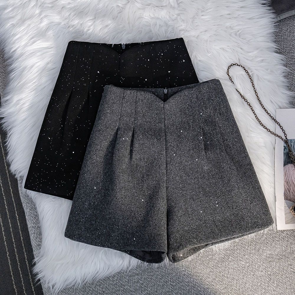 高级感小香风亮闪闪毛呢短裤秋冬新款高腰显瘦气质A字花苞阔腿裤