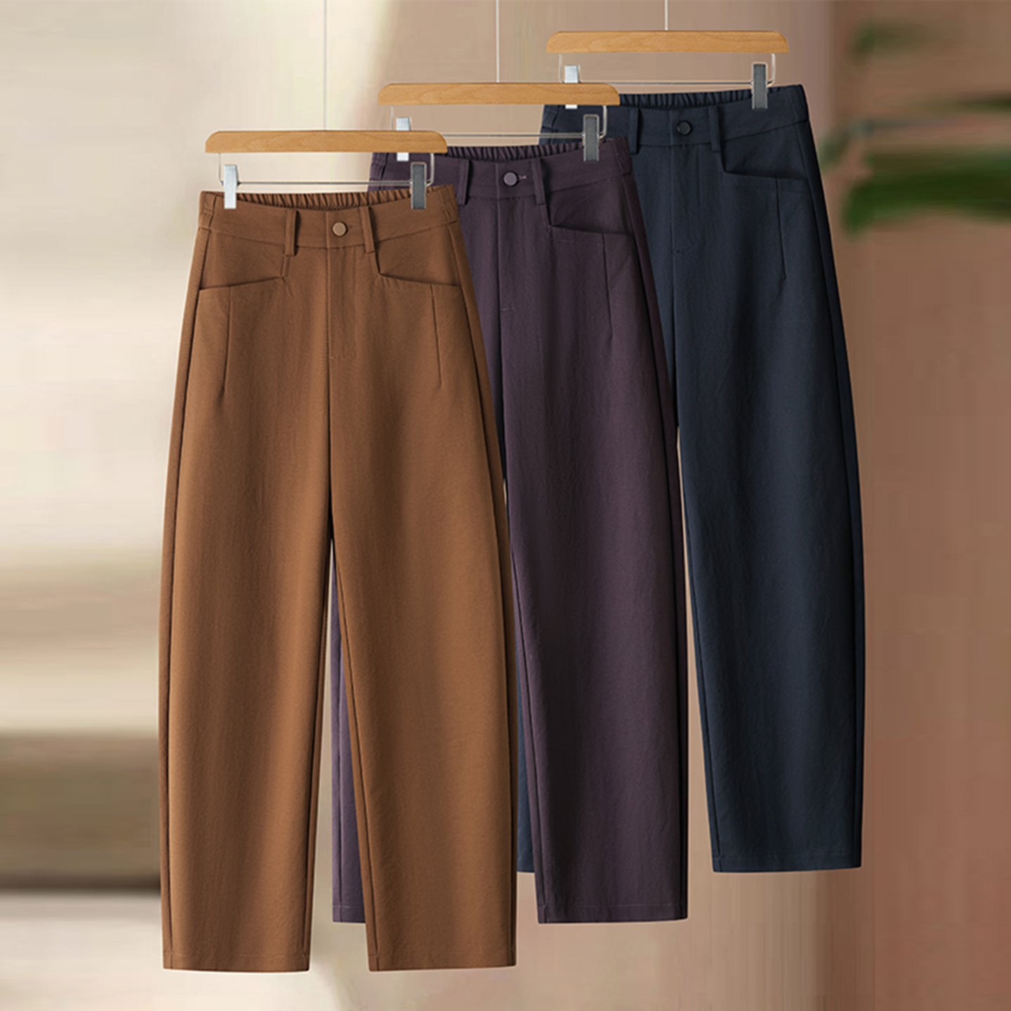 藏青色西装弯刀裤女2025秋季新款高腰后松紧显瘦垂感亲肤休闲西裤