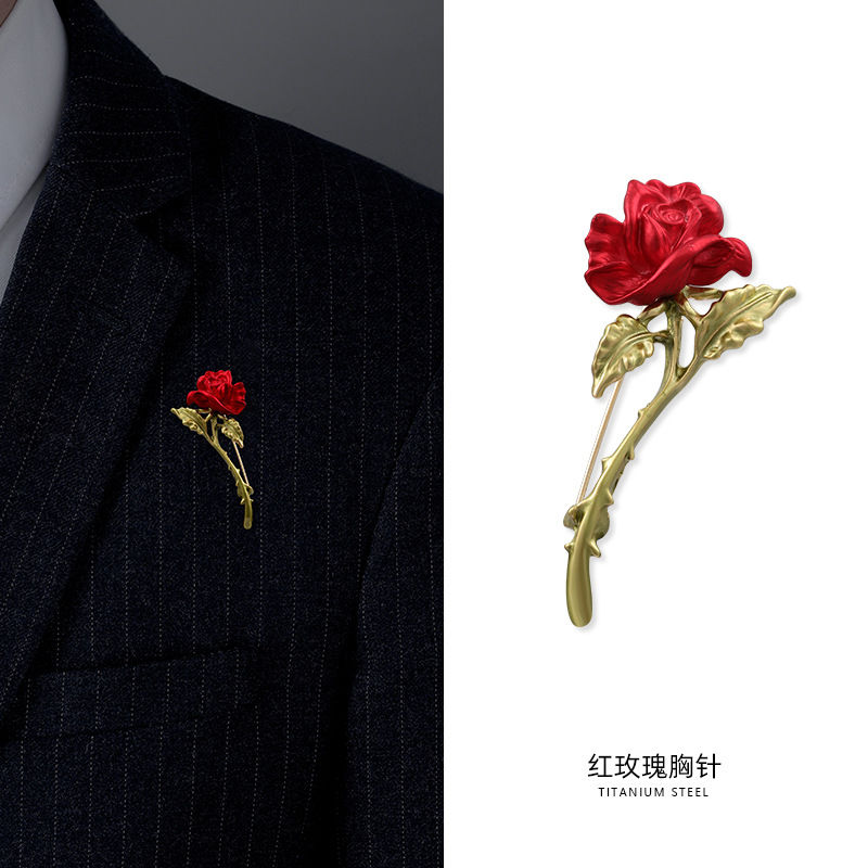 合金胸针 红玫瑰胸针高档西服胸花男款设计感小众感冷淡别针配饰