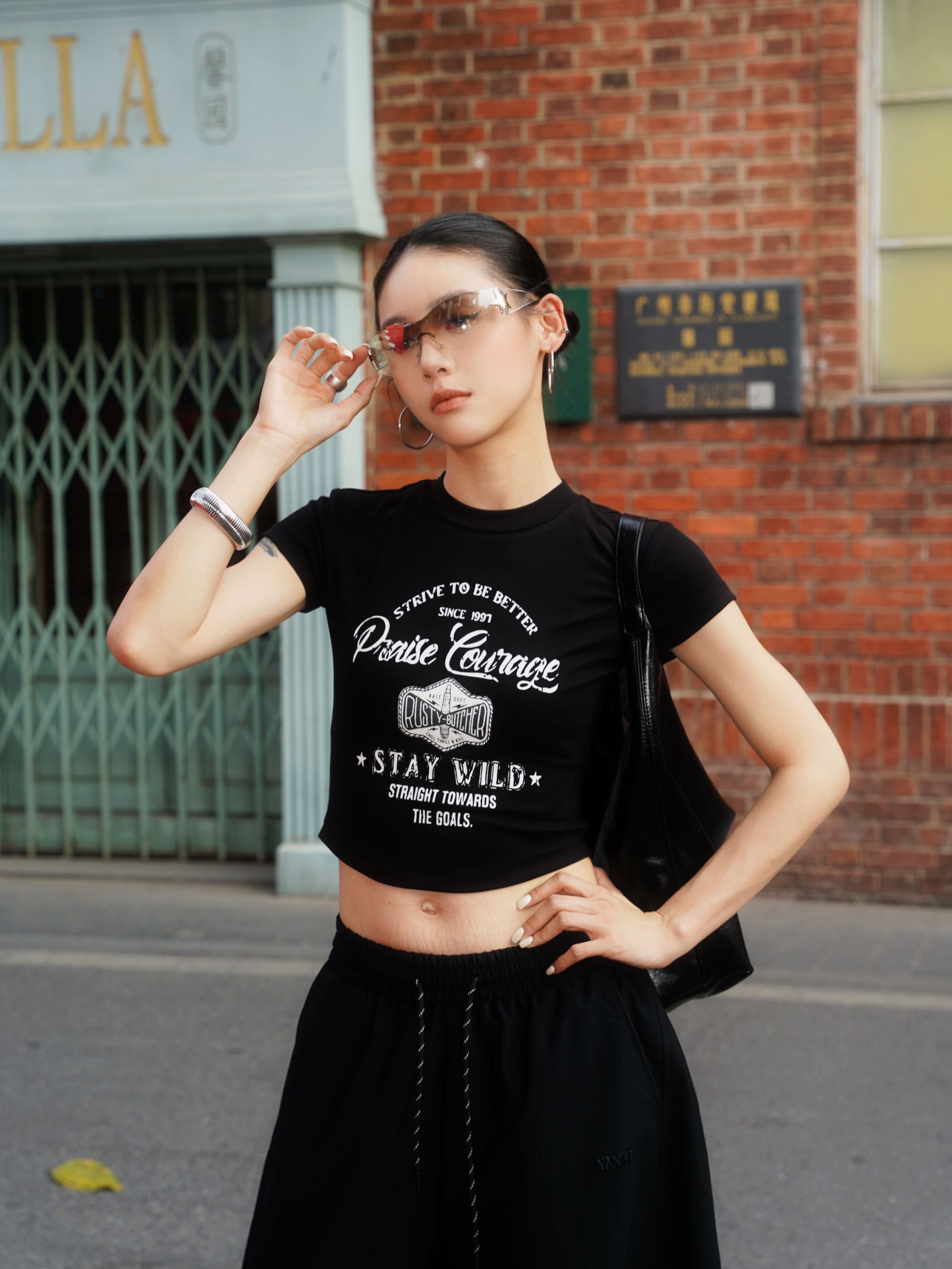 杨九七 夏季美式辣妹复古印花T恤时尚休闲风修身短款上衣女 7471