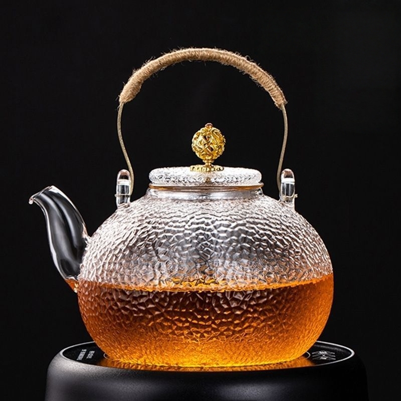 耐热玻璃透明煮茶壶手工铜珠提梁壶大容量锤纹家用烧水壶家用茶壶