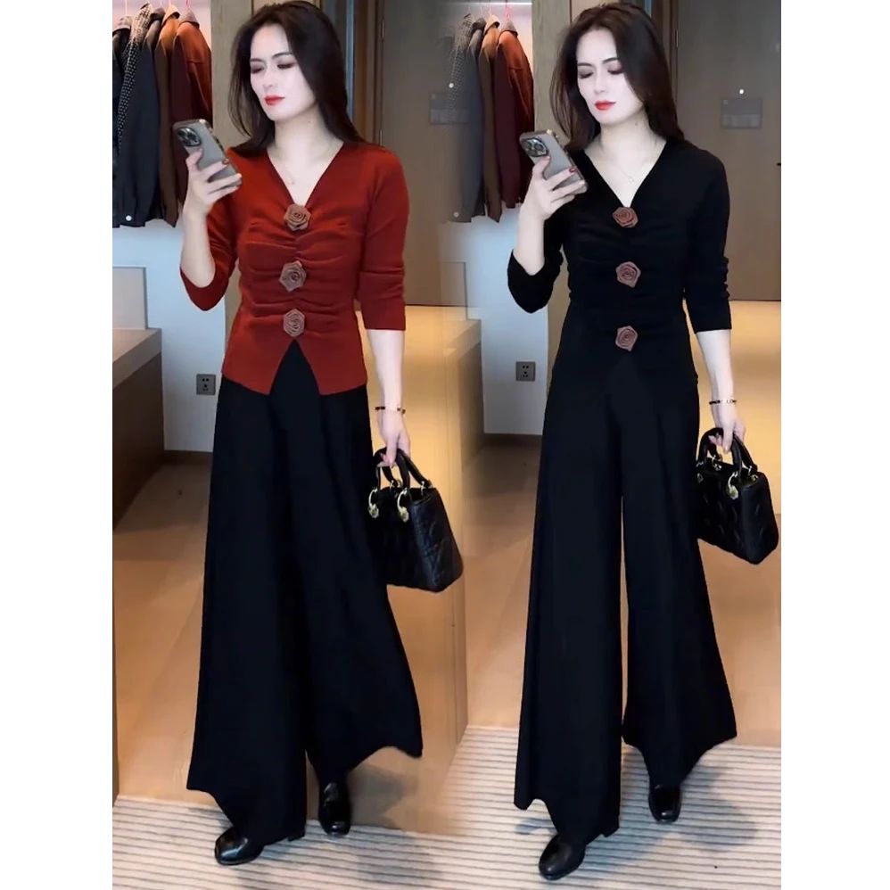 时尚套装女2025秋冬新款洋气显瘦针织打底衫阔腿裤休闲百搭两件套