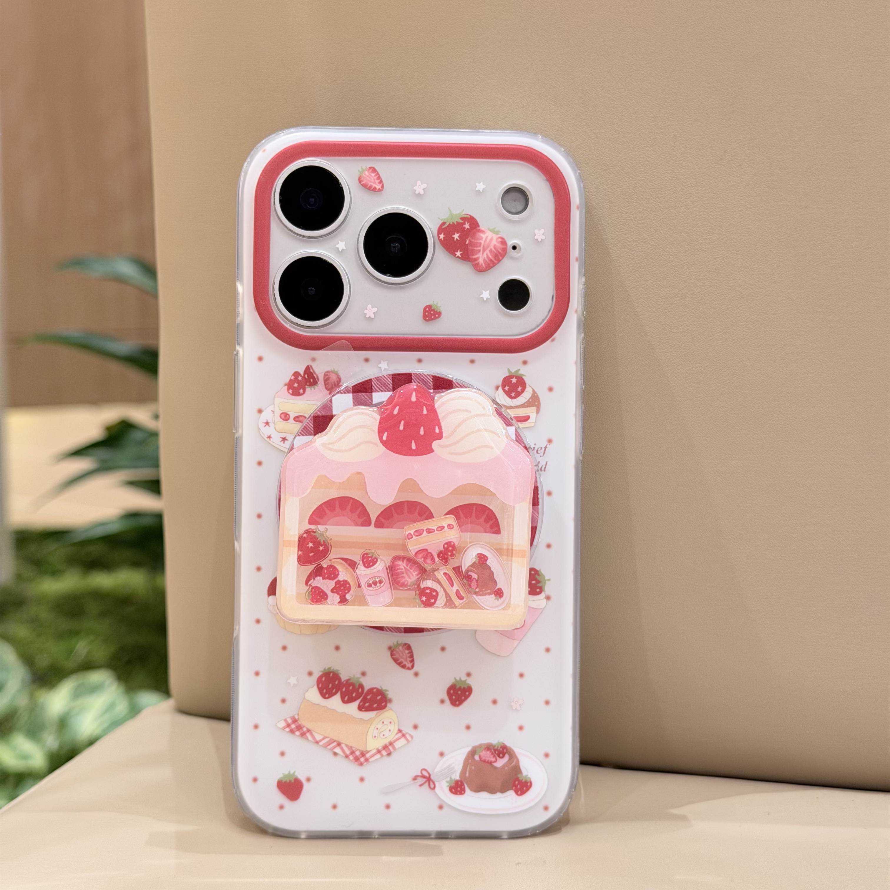 喵六家磨砂肤感粉色草莓蛋糕摇摇乐磁吸IMD手机壳苹果一体包ai 键