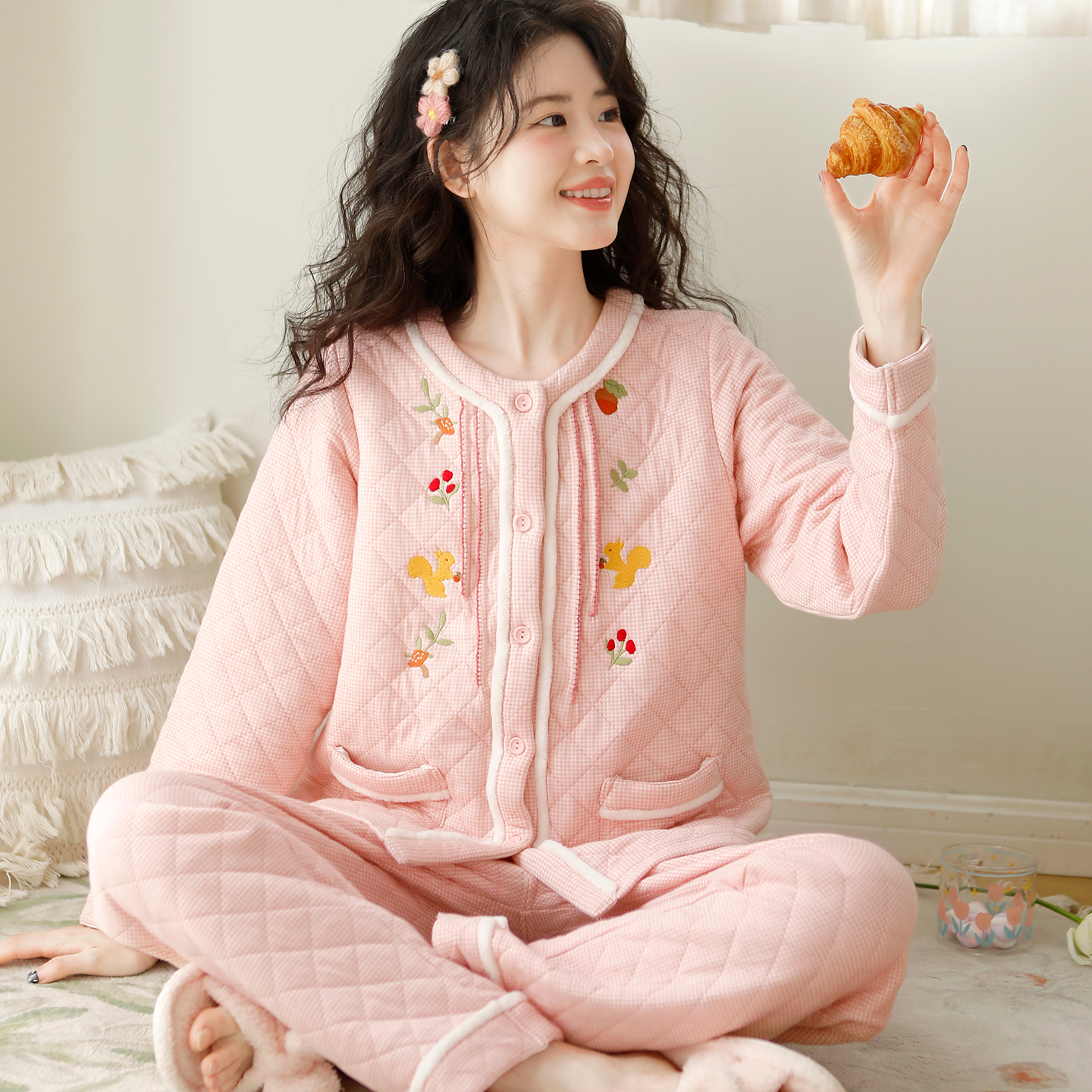 『蜜甜』富朵纯棉秋冬季空气棉夹层月子服加厚保暖孕妇产后哺乳睡衣