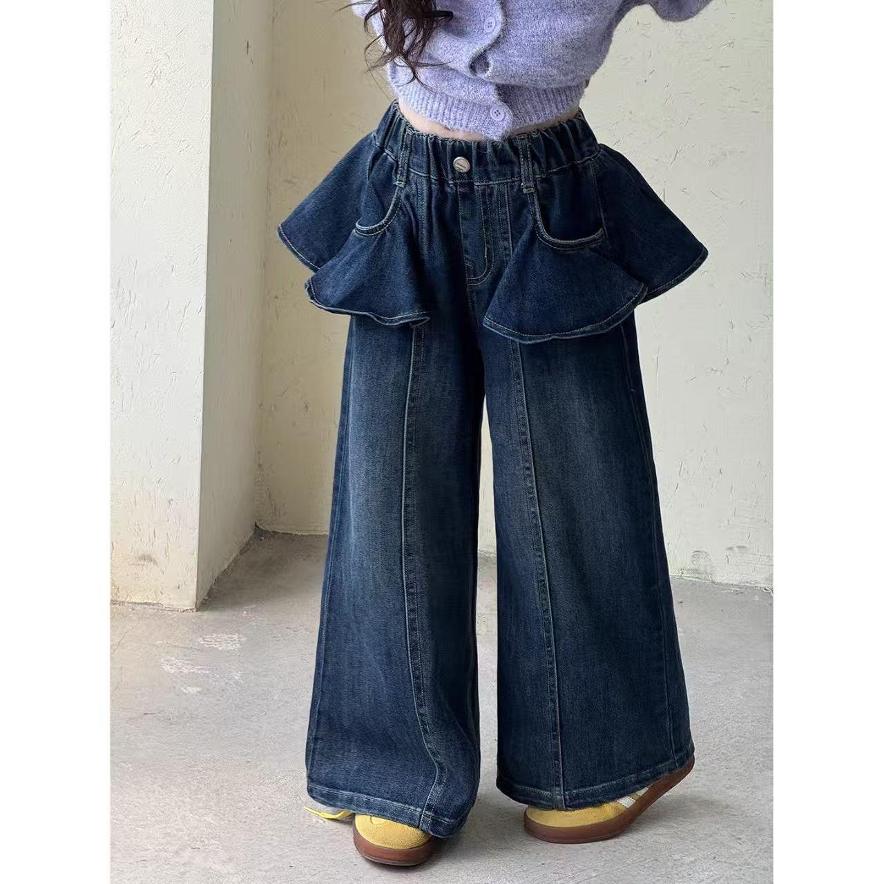 女童牛仔裤2025秋季新款韩版荷叶边屁帘中大童洋气直筒休闲阔腿裤