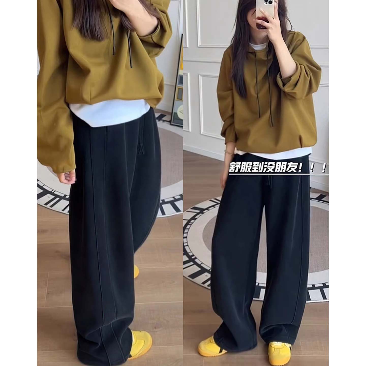 大码窄版阔腿裤女秋装长裤胖mm黑色垂感直筒宽松香蕉休闲运动卫裤