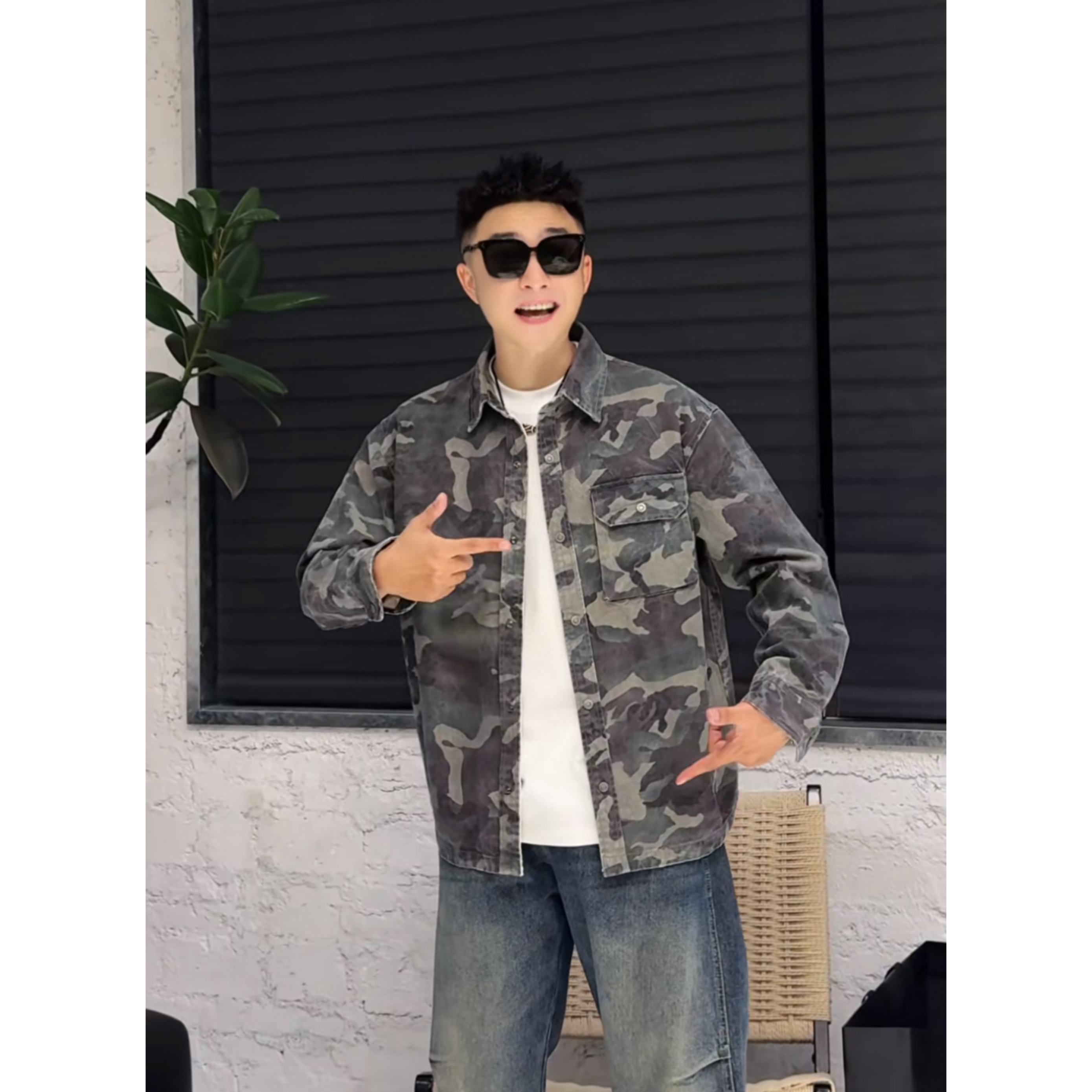 YULE语乐 25620美式迷彩工装衬衣秋季休闲棉质翻领长袖衬衫外套