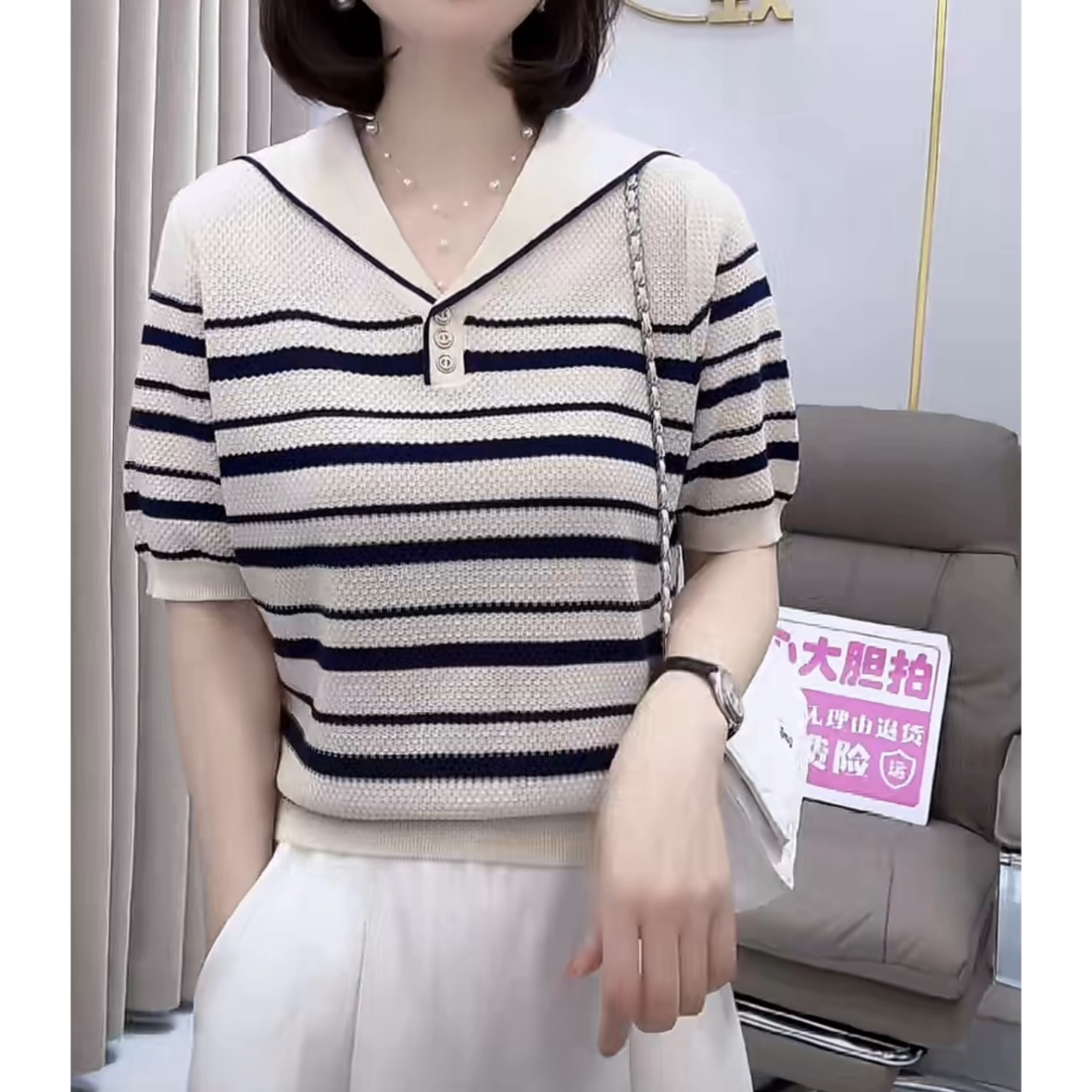宽松显瘦【80-160斤】冰丝短袖女海军领高级百搭2025夏上衣女019
