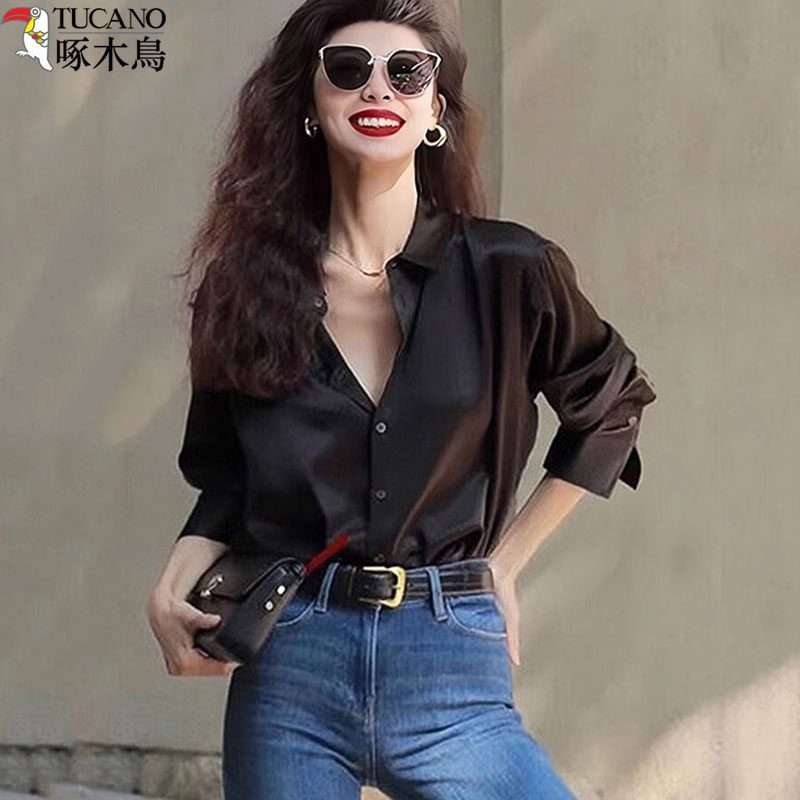 TUCANO/啄木鳥轻职风长袖缎面衬衫新款气质时尚港风衬衫女款外穿