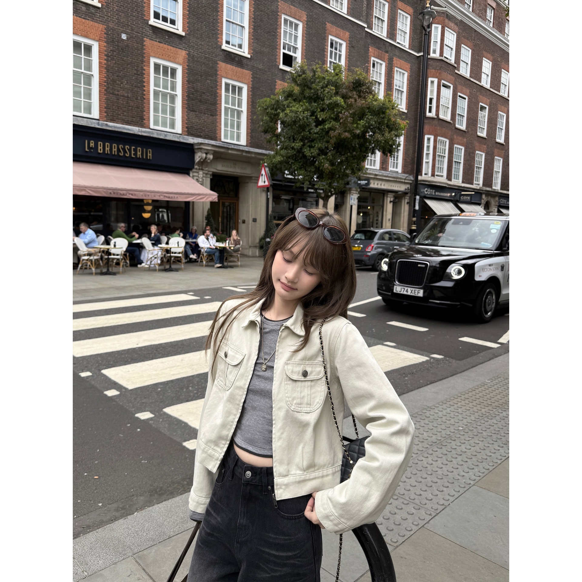 韩系简约双口袋拉链斜纹牛仔外套女秋季2025休闲百搭显瘦夹克上衣