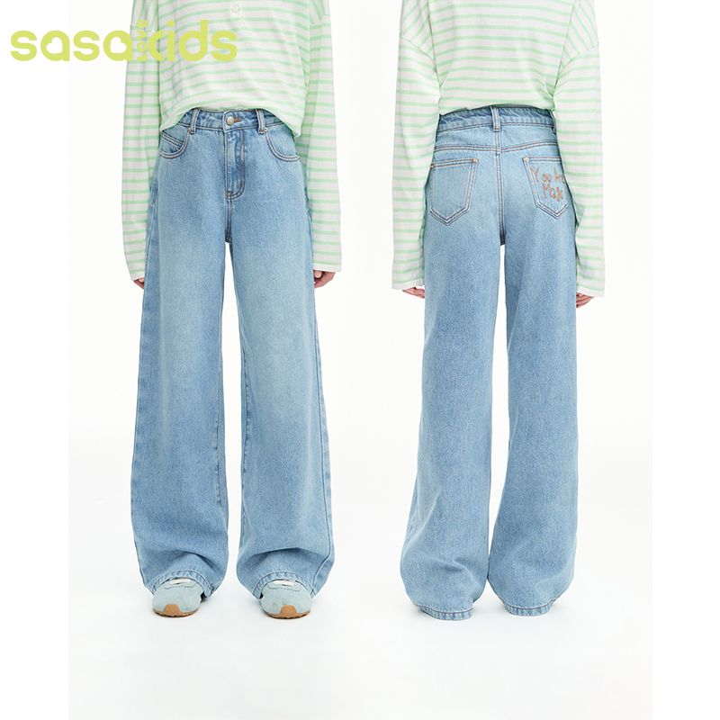 sasakids经典复古水洗蓝亲肤莱赛尔软弹牛仔显瘦直筒裤女童
