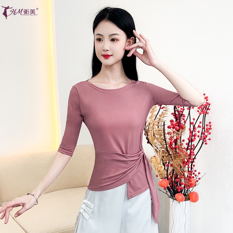 古典舞练功服圆领纯色上衣成人绑带中袖现代舞民族舞形体服装新款