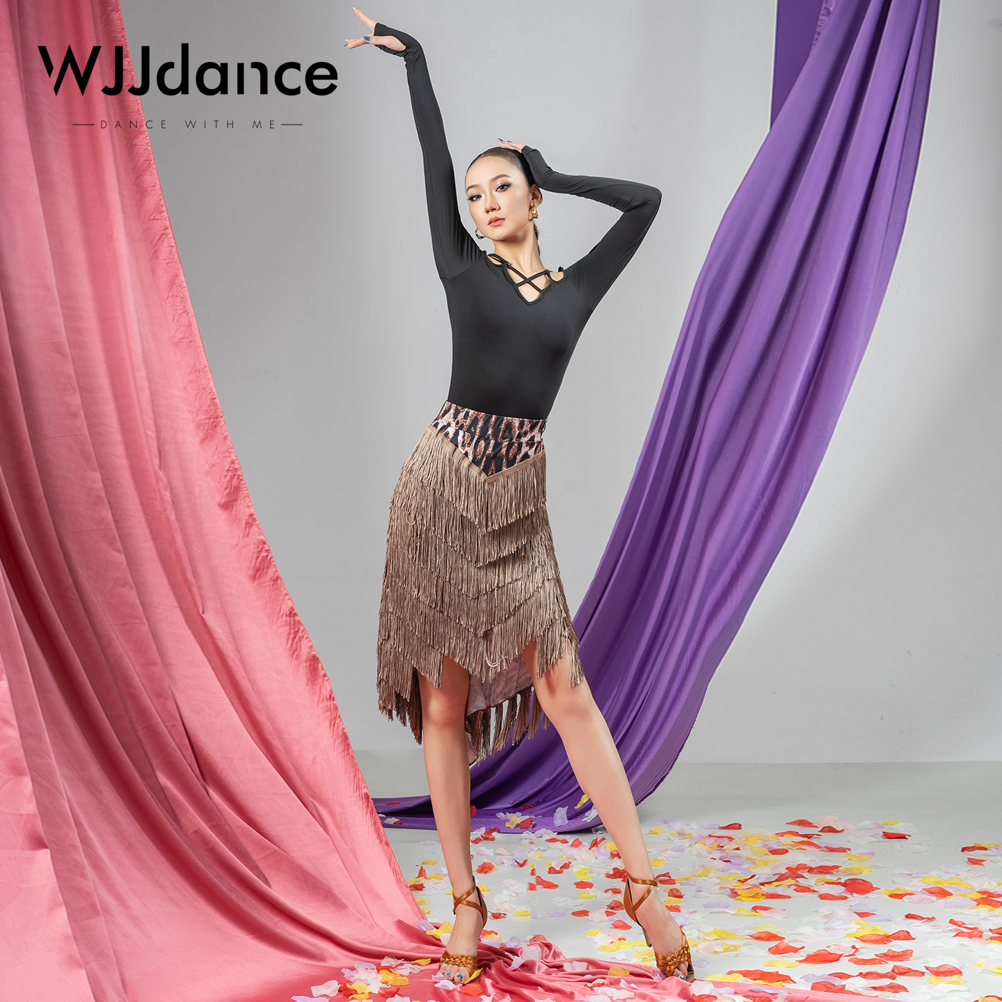 WJJdance拉丁舞半身裙女2025新款豹纹多层流苏荷叶边鱼尾裙练功服