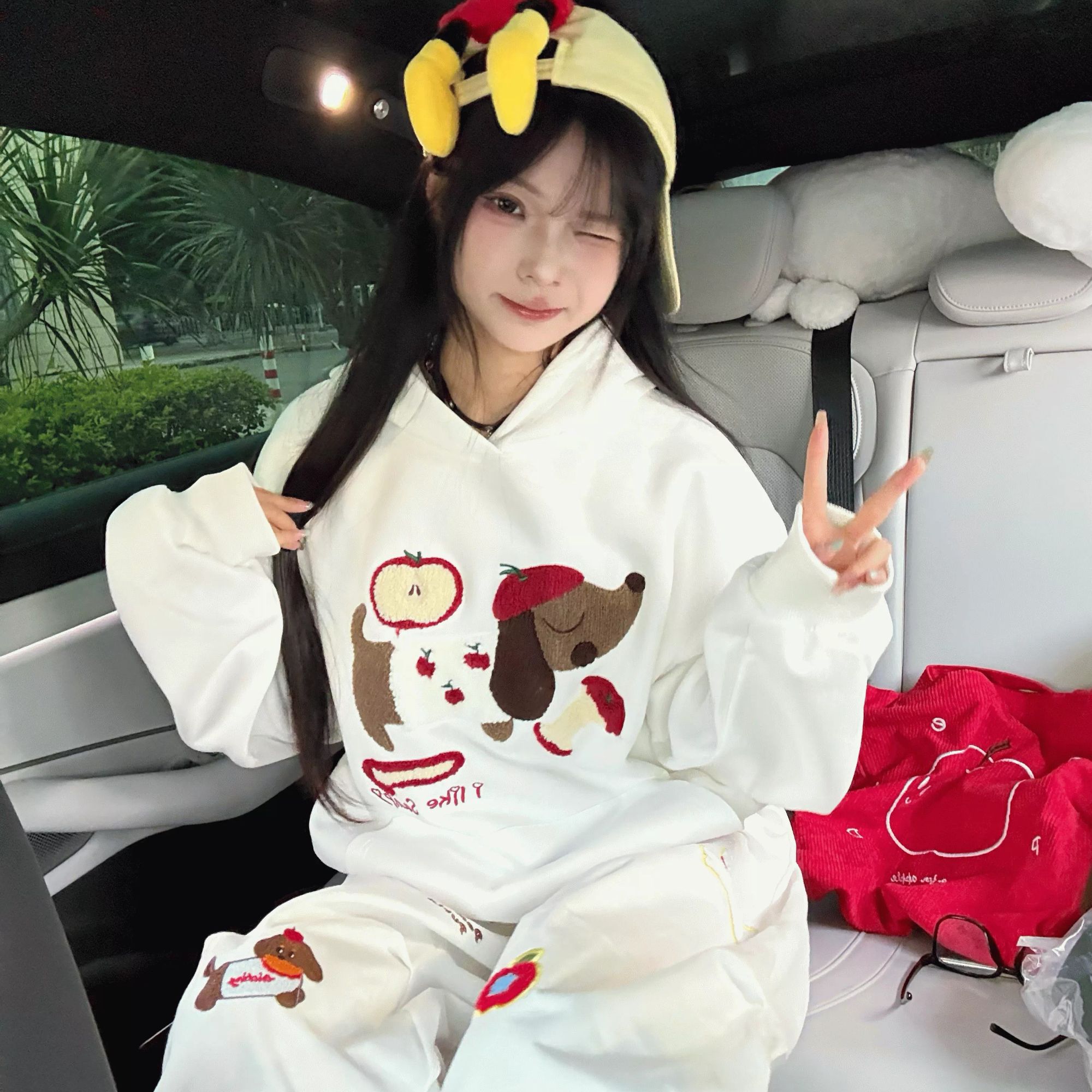 美式新款苹果小狗刺绣连帽卫衣女男秋季韩版宽松百搭休闲情侣外套