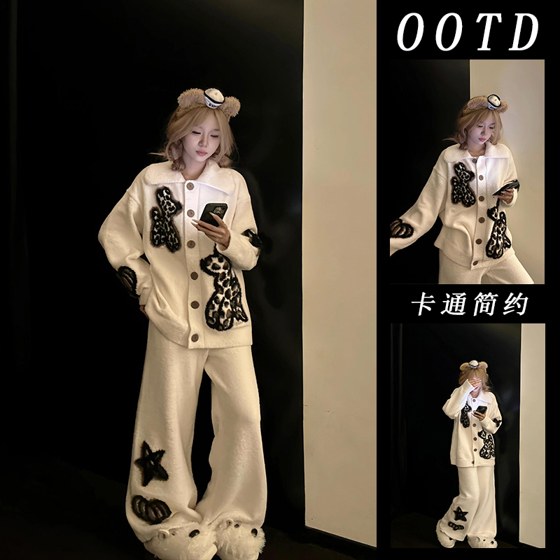 半边绒睡衣女秋冬季简约卡通学生韩版宽松加绒加厚长袖家居服套装