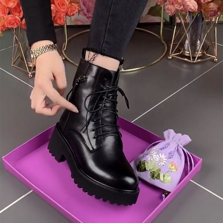 真软皮新款马丁靴女2025冬季百搭厚底防水台粗跟防滑加绒加厚皮靴