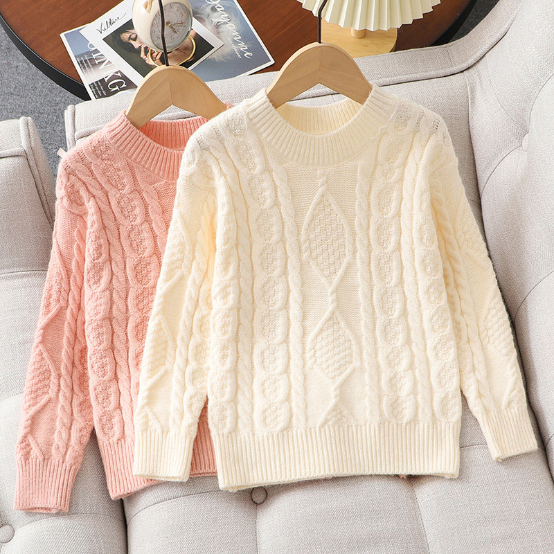 中大童2026年秋冬新款长袖打底衫加厚加绒纯色麻花毛衣圆领套头