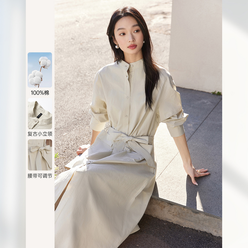 梵希蔓杏色复古立领纯棉衬衫连衣裙女2025春季新款收腰显瘦设计感