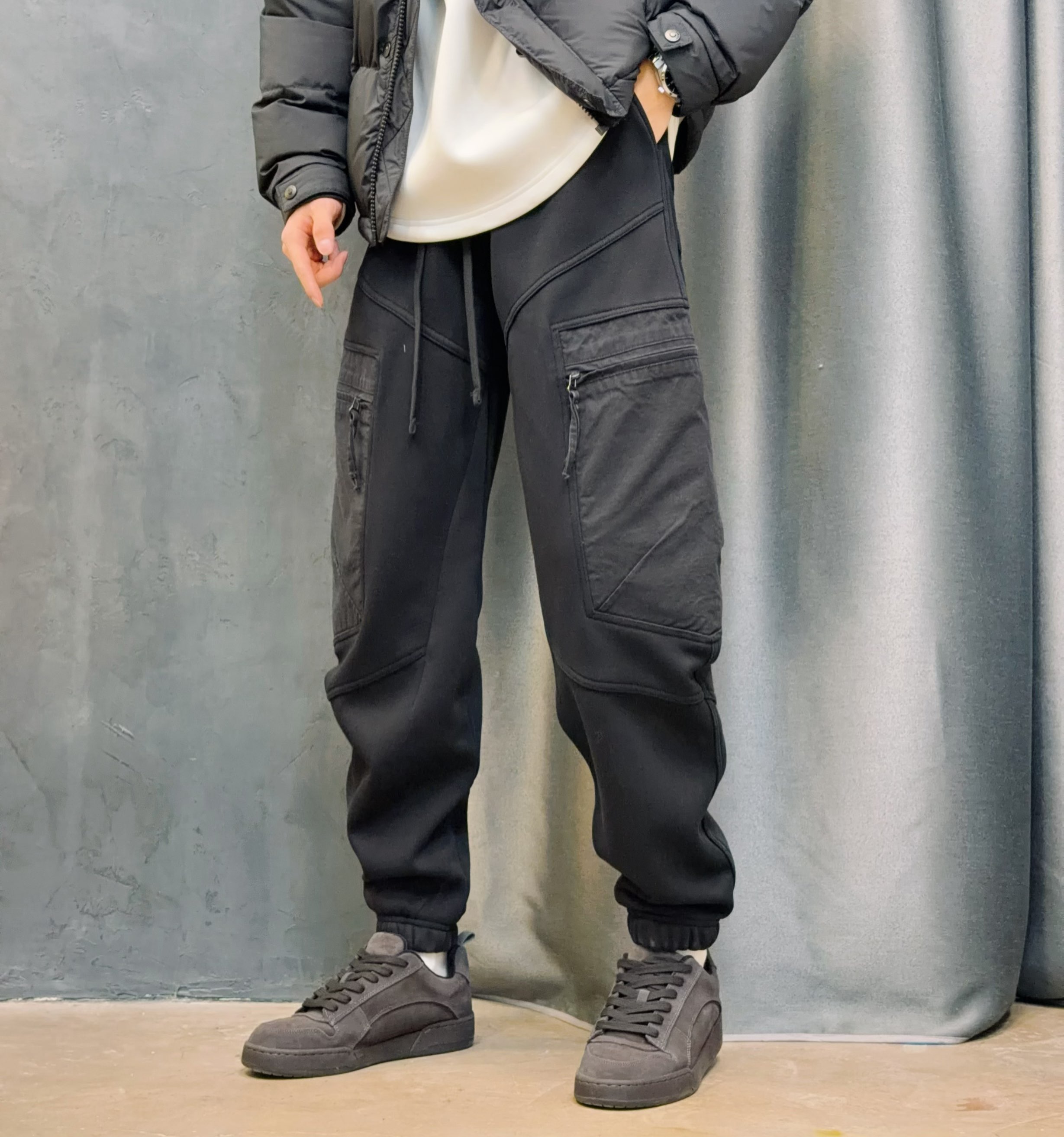 秋冬潮牌复古洗水做旧加绒加厚工装卫裤拉链大口袋宽松休闲裤272