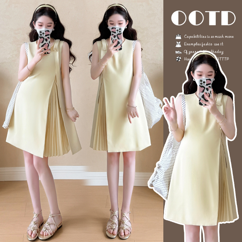 孕妇连衣裙夏季新款甜美减龄休闲百搭拼接压褶无袖连衣裙有内衬女