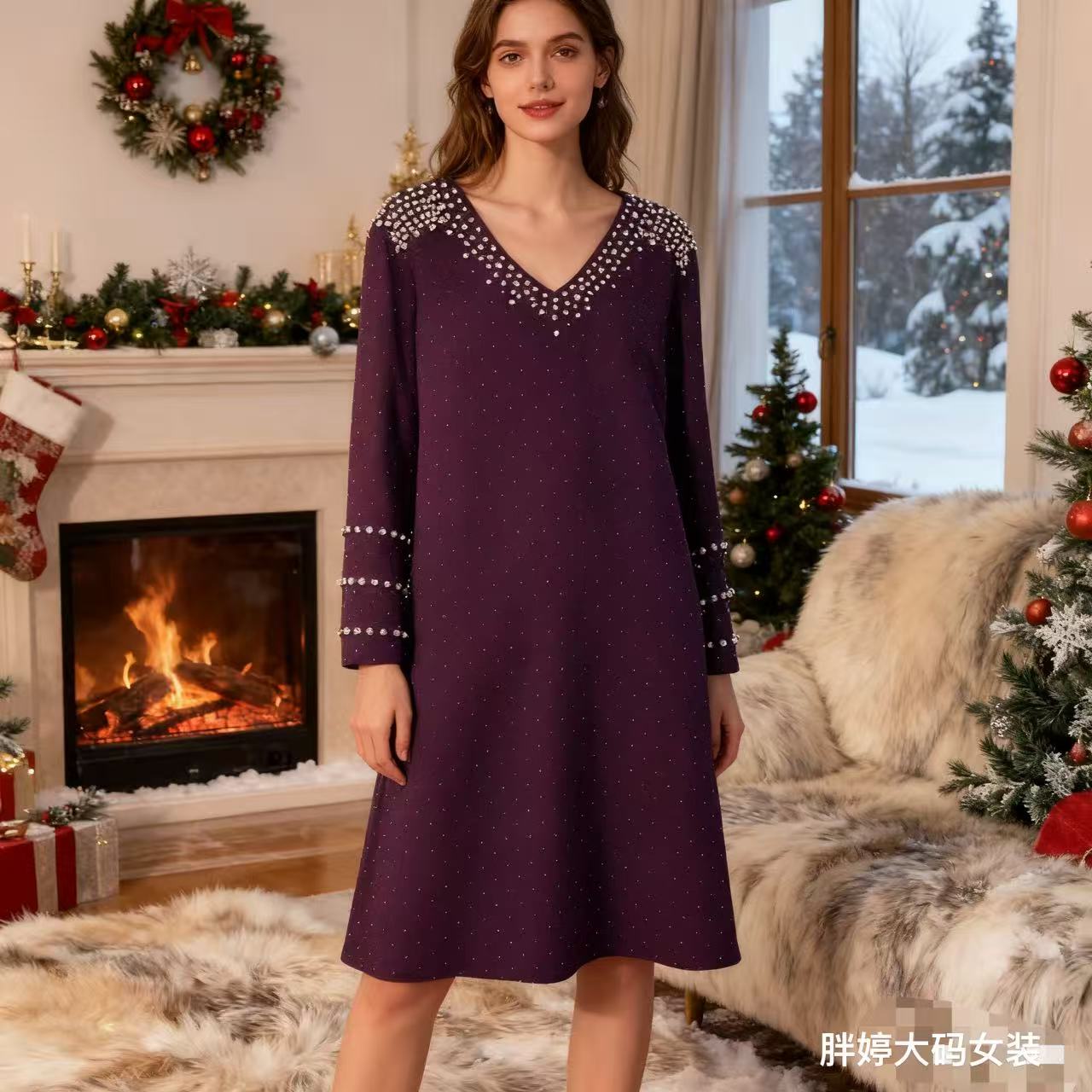 欧货时尚亮晶晶钉珠连衣裙微胖大码女装遮肉显瘦长袖秋冬款10238