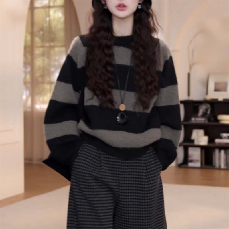 高级感软糯条纹套头毛衣女秋冬季新款撞色宽松慵懒风百搭显瘦上衣
